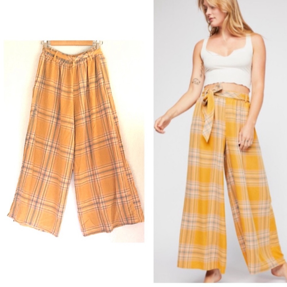 Free People Yellow Plaid Wide Leg Pants!